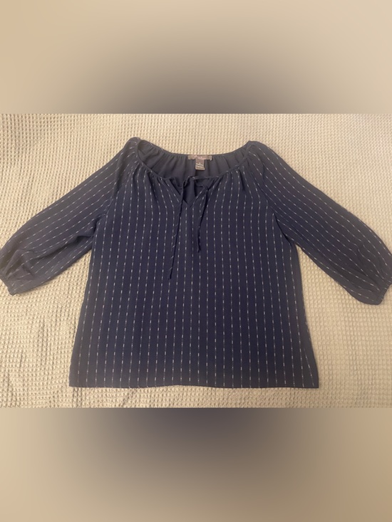 Olivia & Martin Tops - Navy Vertical-Stripe Peasant Blouse with Tie Neck